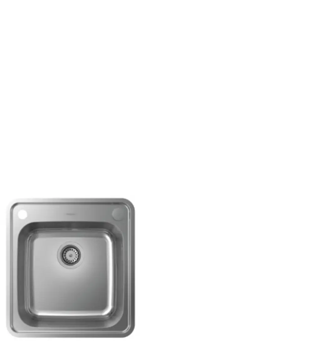 Edelstahlspüle von Hansgrohe, quadratische Form mit zentralem Abfluss, zwei Aussparungen an den Seiten für Armaturen oder Zubehör.
